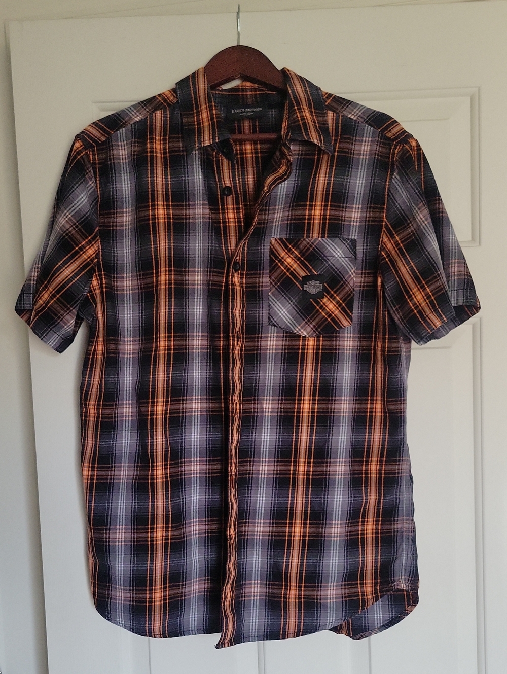 Harley-Davidson Orange and Black Plaid Short-Sleeve Button-Up Shirt